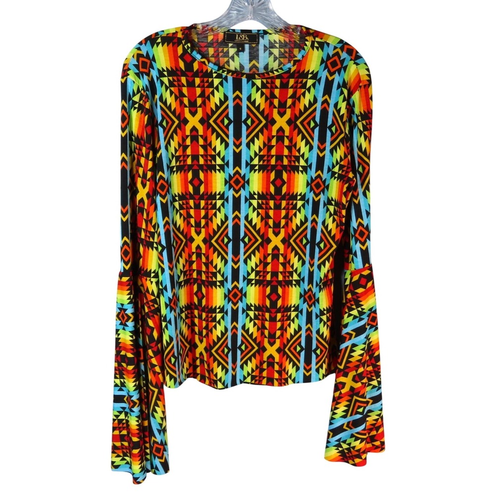 L&B Lucky/Blessed VIBRANT COLORS AZTEC Slinky Knit Top HUGE BELL SLEEVES sz S
